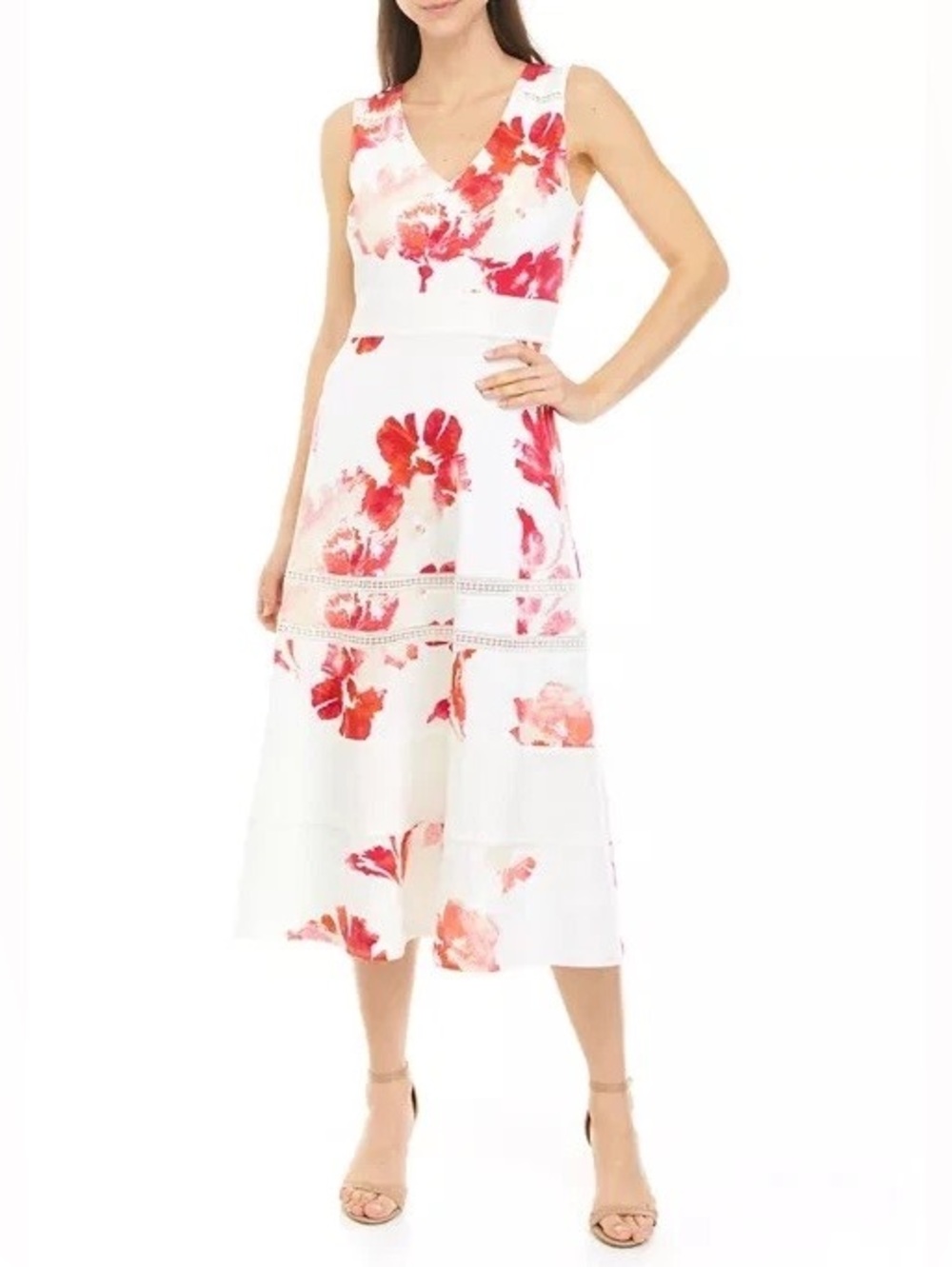 Taylor White Floral V-Neck Maxi Dress with Pink & Red Blooms